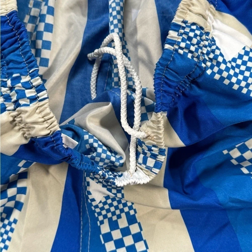 Blue and White Geometric Striped Board Shorts / Swim Trunks